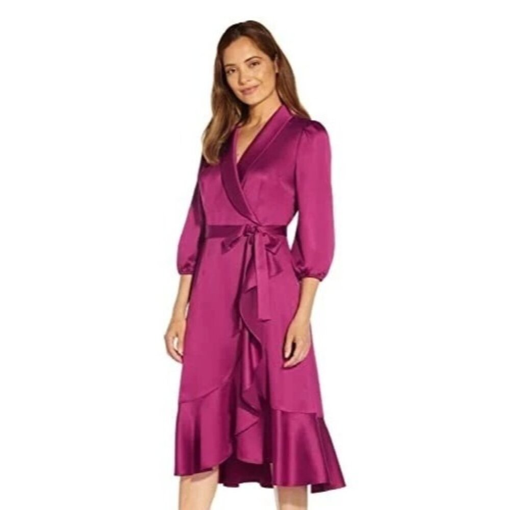 Adrianna Papell Dress 4 Red Plum Faux Wrap Satin Silky Ruffle Tie Belt NEW $169